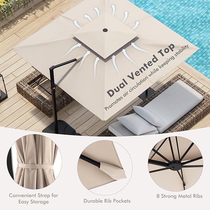 Tangkula 9.5 FT Cantilever Patio Umbrella, Outdoor Square Offset Umbrella with 360° Rotation, Double Top Heavy Duty Patio Hanging Umbrella with Cross Base for Garden Deck Pool Backyard (Beige)