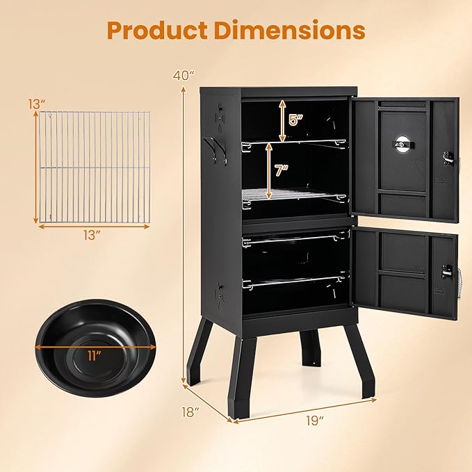 Giantex Outdoor Smoker with Double Doors, 2 Detachable Grill Netting Smoking Racks, Charcoal Pan & Water Pan, 4 Air Vents, Thermometer, Vertical Charcoal Smoker for Barbecue Camping Backyard Grill