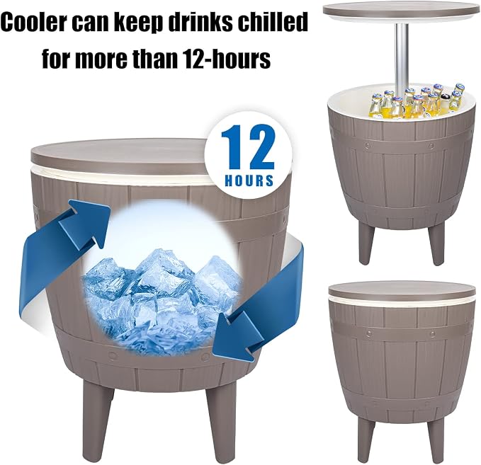 Vipush Outdoor Cooler Table - 10 Gal Adjustable Height Patio Furniture with Cool Bar for Party, Beer, Wine, Beverage - Pool Deck and Garden Decor
