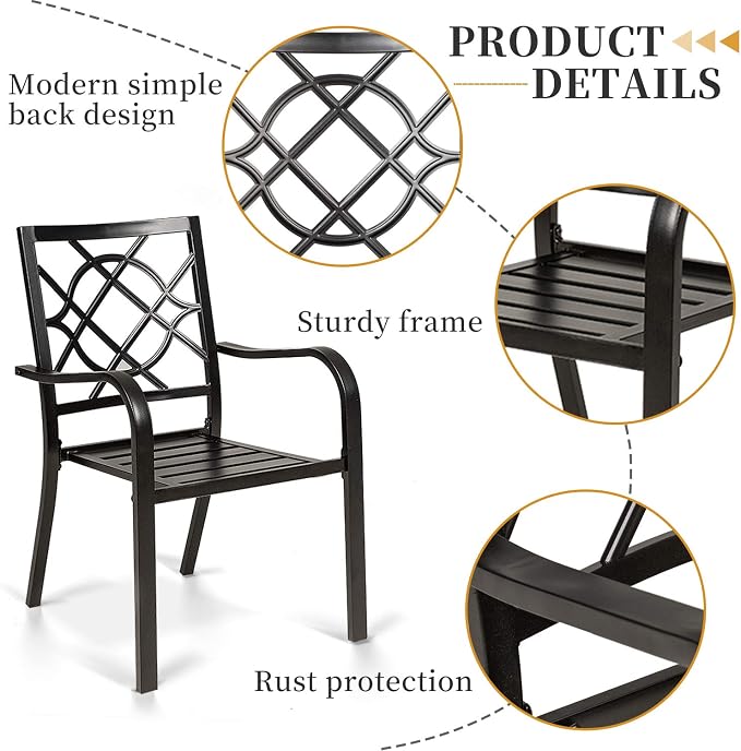 SOLAURA 7-Piece Outdoor Patio Dining Set, 6 Person Outside Table and Chairs Set, Metal Stacked Chairs of 6, Slat Table Top with 1.57" Umbrella Hole (Black)