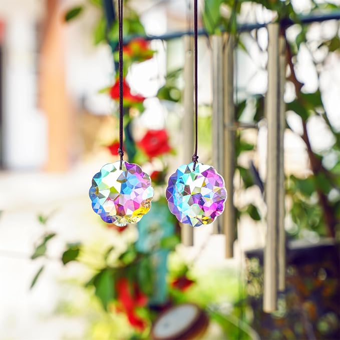 Set 2 Colorful Crystal Suncatcher Prisms Rainbow Sun Catcher Indoor Window | 45mm,Datura Shaped,Rainbow Maker,Hanging Crystals,Beads For Suncatcher,Glass Ornaments For Home Garden Tree,Gift For Sister