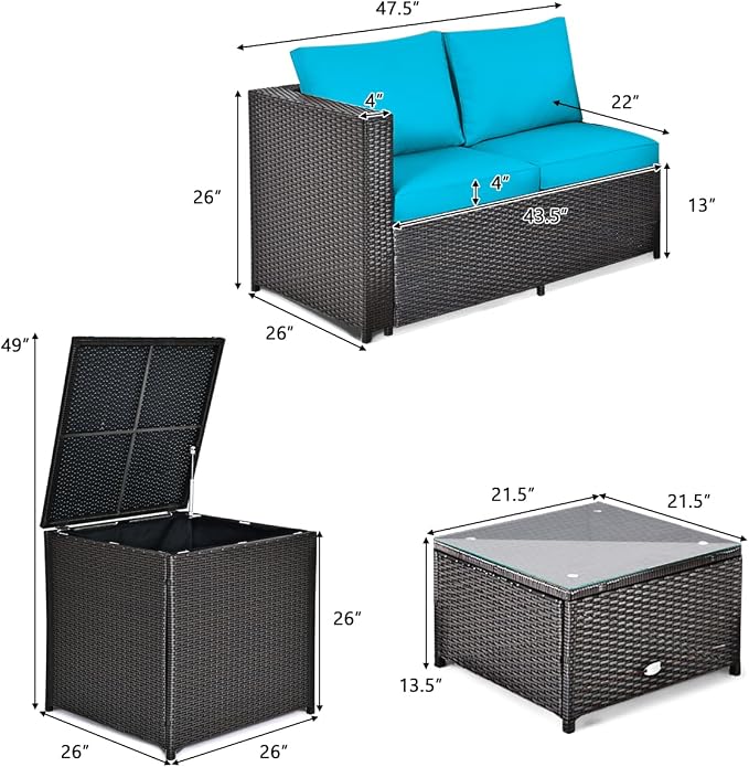 DORTALA 4 Pieces Outdoor Patio Furniture Set, Weather Resistant PE Rattan Conversation Set with 2 Loveseats, Outdoor Sectional Sofa Set with Comfy Cushions for Garden and Poolside, Turquoise