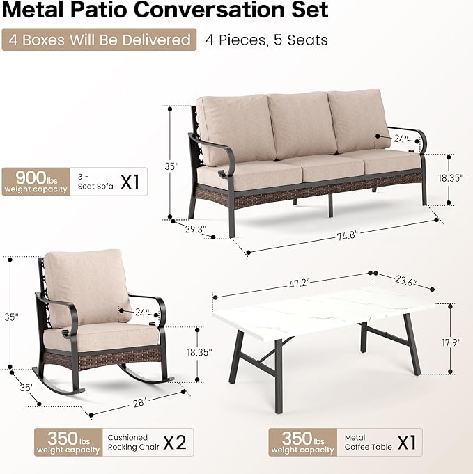 4 PCS Metal Outdoor Patio Furniture Set, Patio Conversation Sets 1 3-Seater Sofa, 2 Rocking Chairs with 5.75" Extra Thick Cushion & Coffee Table, Black Frame Backyard Furniture, Beige