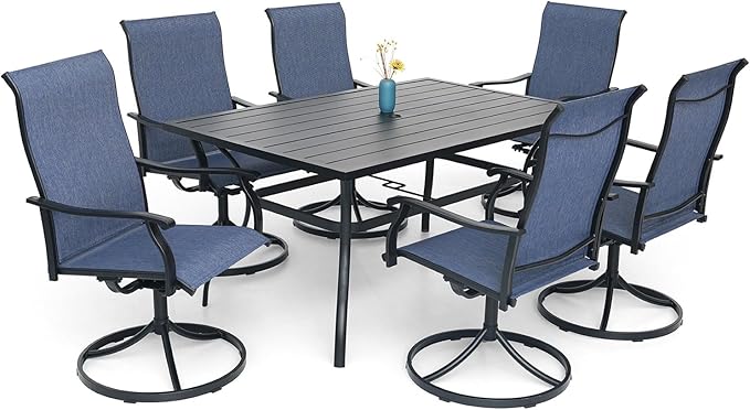 Anmutig 7-Piece Outdoor Dining Set, 6 Swivel Patio Chairs & 60'' Rectangular Dining Table with All Weather Frame Furniture Set - Navy Style1