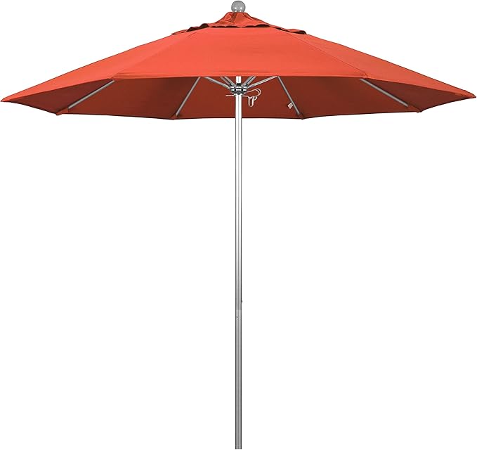 California Umbrella 9' Round Aluminum/Fiberglass Umbrella, Push Open, Silver Pole, Olefin Sunset Fabric
