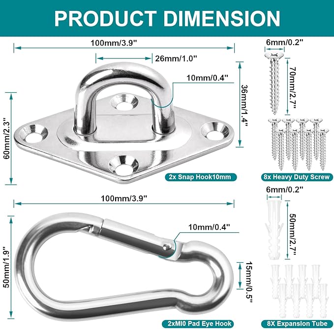 Heavy Duty Hammock Hanging kit - 1700 lb Capacity Swing Hooks, Ceiling Hooks for Wall/Ceiling Mount, Indoor & Outdoor - Stainless Steel (Large)