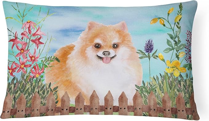 Caroline's Treasures CK1278PW1216 Pomeranian #2 Spring Canvas Fabric Decorative Pillow Machine Washable, Indoor Outdoor Decorative Pillow for Couch, Bed or Patio, 12HX16W