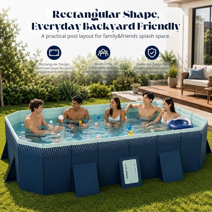 Large Foldable Pool, Non Inflatable Pool with 4-Layer Composite PVC, Sturdy Triangular Support Boards, Double Drains, Foldable Outdoor Pool for Backyard Kids & Adults, 5 Sizes