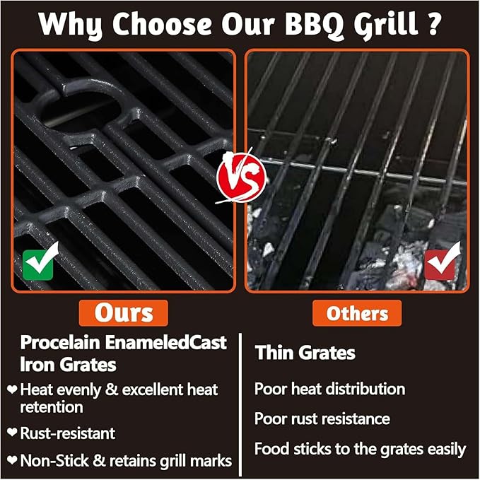 3 Burner Propane Gas and Charcoal Grill Combo with Side Burner & Porcelain-Enameled Cast Iron Grates, 37230BTU Output Dual Fuel Outdoor BBQ Grill for Patio Garden Picnic Backyard Barbecue Cooking