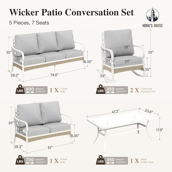 HERA'S HOUSE 5 Piece Metal Patio Furniture Set, 7 Seats All Weather Outdoor Conversation Set, 3 Seat Sofa with Loveseat, 2 Rocking Chairs, Coffee Table for Backyard, Garden, Deck, White/Grey