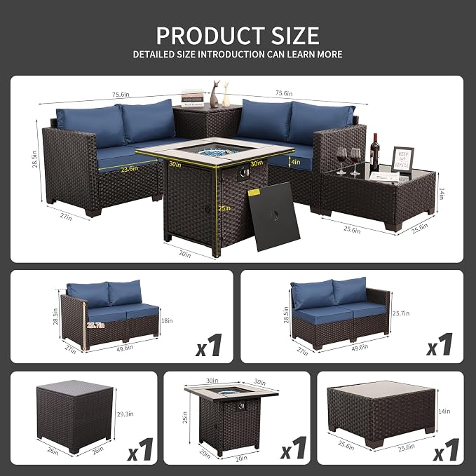 WAROOM Patio Furniture Set 5 Pieces Outdoor Conversation Sets PE Rattan Couch Loveseat Resin Wicker Sectional Sofa with Storage Box Coffee Table and Propane Fire Pit, Blue Cushion