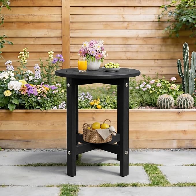 Outdoor Side Table for Patio Round HDPE Outdoor End Table with Storage Shelf，Plant Stand Tables for Patio Porch Balcony Garden,Weatherproof，Black