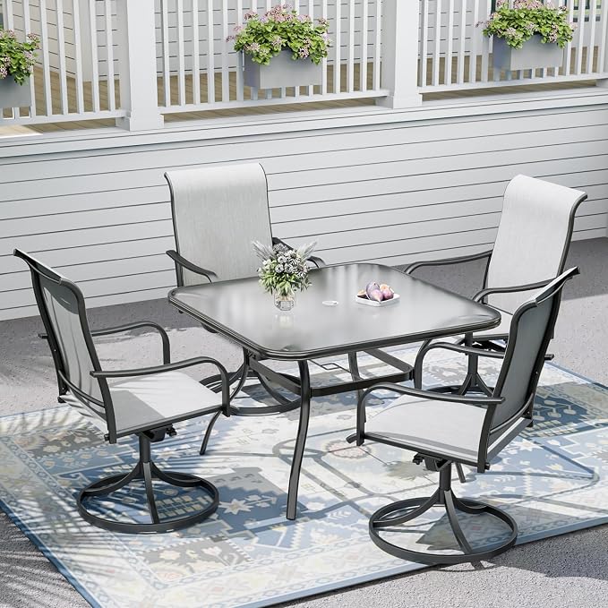 Outdoor Patio Set, 37" Square Glass Dinging Table and 4pcs Swivel Chairs, All-Weather Patio Furniture Set with 1.7" Umbrella Hole for Garden Backyard Lawn Poolside