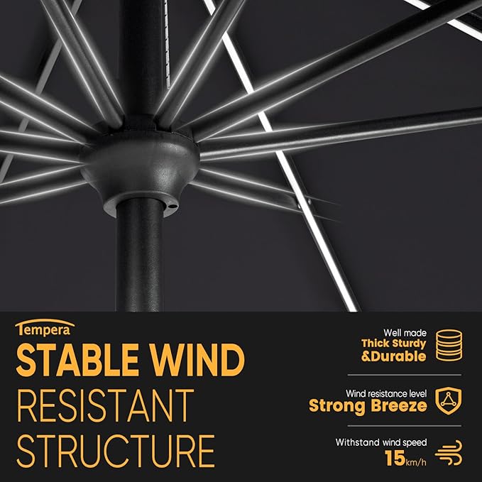 Tempera Solar Patio Umbrella 40 LED Lighted Outdoor Umbrella Table Market Umbrella with Push Button Tilt and Crank, Solar Umbrella with Sturdy Pole&Fade Resistant Canopy, Easy to Set