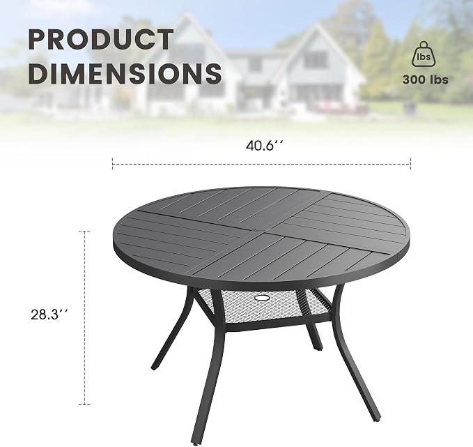 40.6" Outdoor Dining Table with Adjustable Umbrella Hole, Metal Slatted Round Patio Dining Table for Backyard Garden Deck, Black