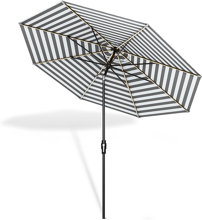Midtown Umbrellas The LED Swilt 10 Feet Patio Umbrella With Terylast Matter Stripes (Grey/White) Polyester Fabric - Auto-Tilt Aluminum Frame w/LED Lights For Backyard, Deck, Garden, Pool - Black Pole