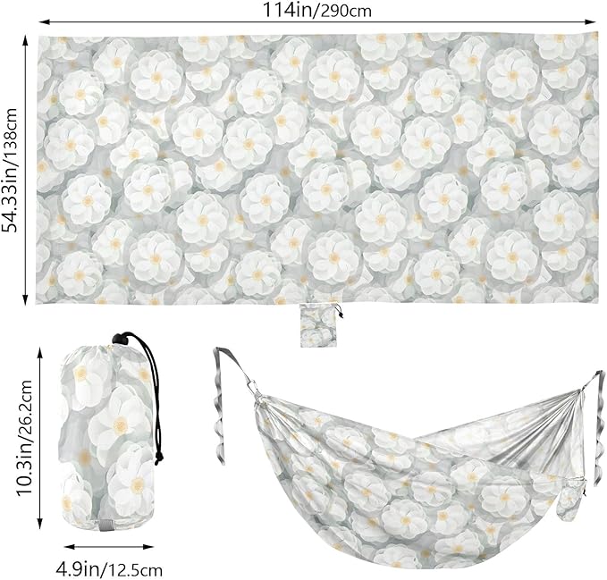 Camping Hammock Outdoor Hammocks for Outside White Camellia Flowers Beach Trees Portable Lightweight with Pockets Tree Straps Indoor