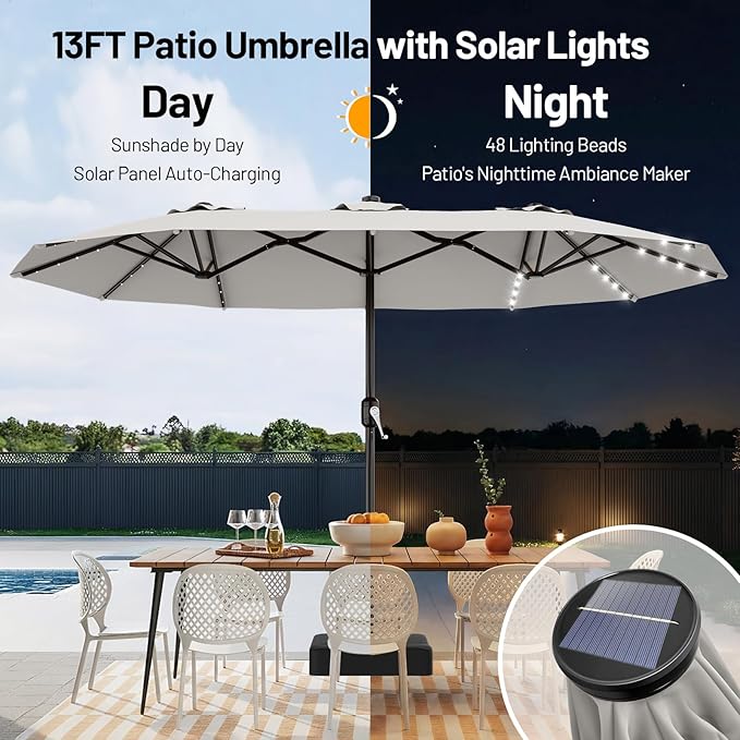 AreShark 13 FT Patio Umbrella with Solar Lights, Double-Sided Outdoor Table Umbrellas with Crank, Large Rectangular Market Umbrella for Porch, Lawn, Pool, Backyard, Light Gray