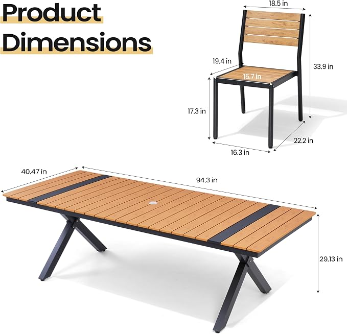 Pellebant Outdoor Dining Set for 8, 9 Pieces Aluminum Patio Table and Stackable Armless Chairs with Umbrella Hole & Wood-Like Top, Brown