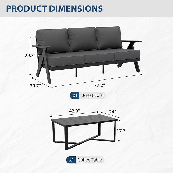 COOS BAY Iron Luxe 2 Piece Outdoor Patio Furniture Set, Modern Patio Conversation Set with a 3 Seat Couch & Coffee Table for Deck, Garden, Porch, Black/Gray