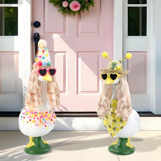 Summer Spring Bee Porch Goose Outfit 4 Piece Porch Goose Insect Outfits with Long Blonde Wig Bee Straw Hat Bandana for Outdoor Decor for Lawn Goose Statues