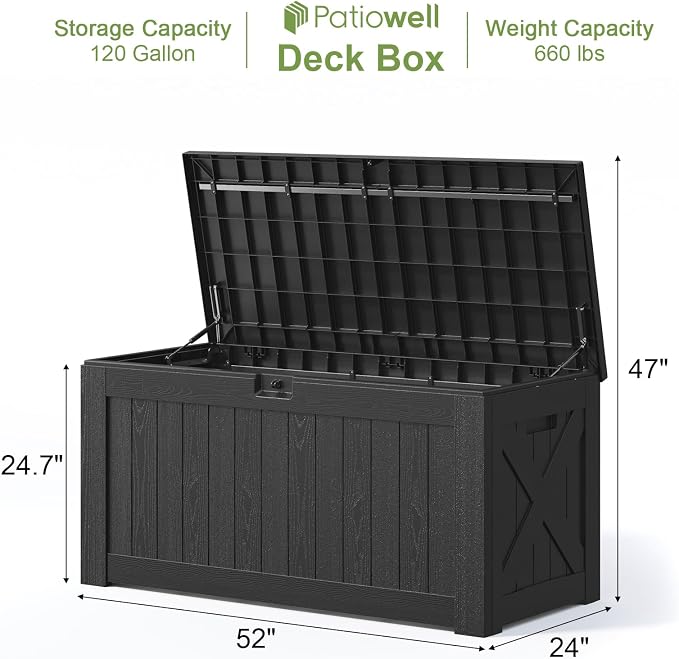Patiowell 120 Gallon Large Deck Box, Outdoor Lockable Storage Box for Gardening Tools, Waterproof Deck Box for Patio Furniture, Black
