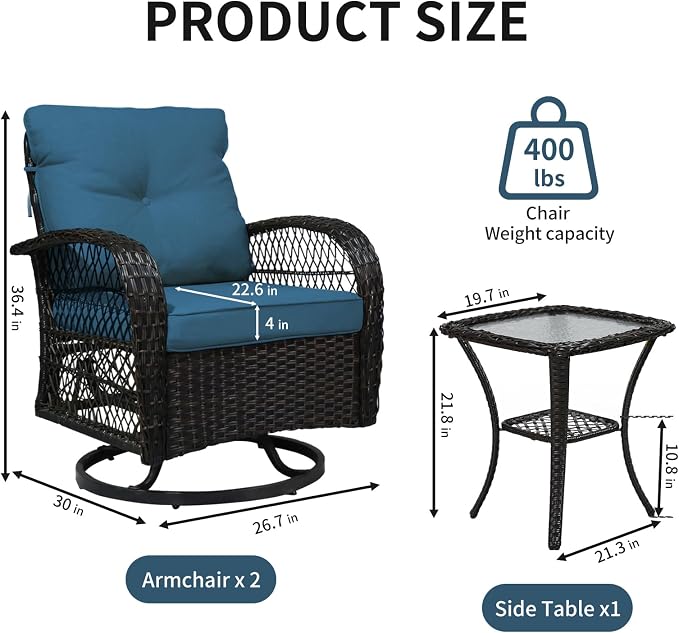 Outdoor Swivel Rocker Patio Chairs with Cushions，Outdoor Swivel Rocking Chairs Set of 2 with Rattan Side Table，360 Degree Swivel Seat Patio Furniture Set for Outside Porch Deck，3 Pieces