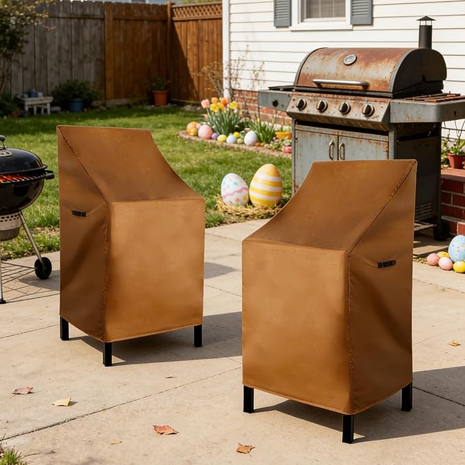 RosieLily High Back Patio Chair Covers - Waterproof Heavy Duty Stackable Outdoor Bar Stool Cover - Brown Furniture Covers for Outside Lounge, Deep Seat, Lawn Chairs - 2 Pack