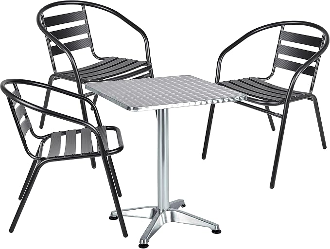 BTEXPERT Indoor Outdoor Restaurant Stainless Steel Aluminum Metal Slat Stack Commercial Lightweight, 3 Chairs with a 27.5" Square Table, Silver/Black