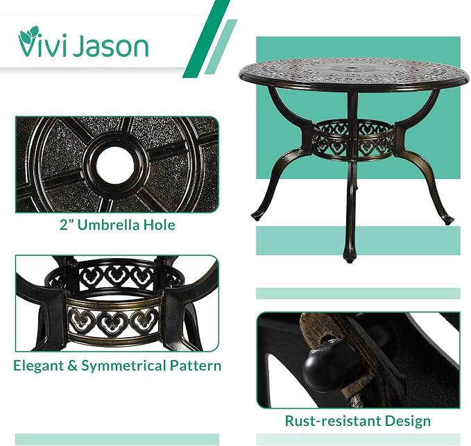 VIVIJASON 5-Piece Outdoor Patio Dining Set, All-Weather Cast Aluminum Conversation Set, Patio Furniture Set for Backyard, Include 4 Swivel Chairs, a 38.5" Round Table w/Umbrella Hole, Red Cushion