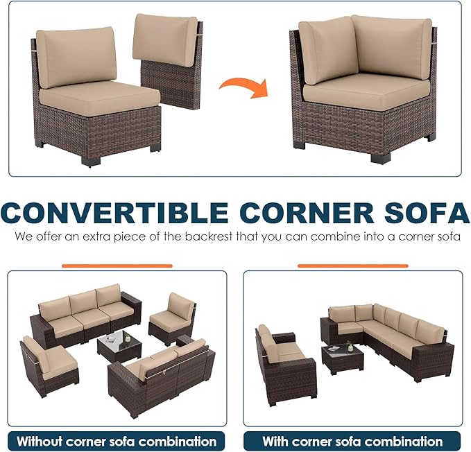 Patio Furniture Set, 8 Pieces Outdoor Sectional Sofa Conversation Sets with Waterproof Cover Modern Wicker Seating Set, 4'' Thickened Cushions 1 Glass Coffee Table 2 Armless Sofas, Beige
