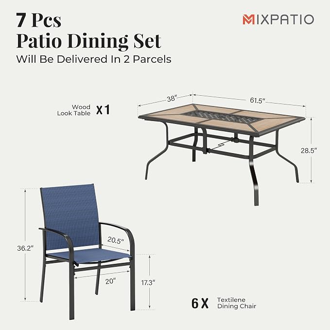MIXPATIO Outdoor Patio Dining Set 7 Piece Furniture Set with 6 Blue Textilene Chairs and Wood-Like Table Top Rectangular Table for Deck Garden Backyard Lawn Poolside