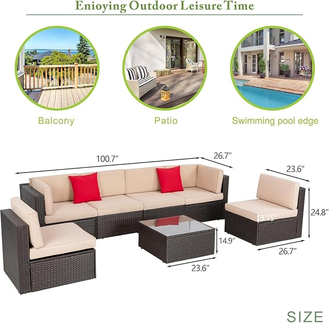 7 Pieces Outdoor Patio Furniture Set with Cushions, PE Manual Weaving Rattan Sectional Sofa, Glass Table Included, Weather Patio Conversation Set for Garden Backyard Deck(Beige)