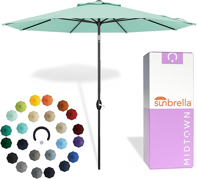 Midtown Umbrellas - The Lean 8 Ft Patio Umbrella with Fade-Resistant Sunbrella Fabric, Auto-Tilt Aluminum Frame and 8 Reinforced Ribs for Deck, Pool & Garden - Canvas Glacier Canopy, Black Pole
