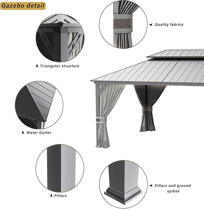 12' x 20' Hardtop Gazebo,Outdoor Permanent Pavilion Double Galvanized Steel Roof Pergola with Nettings and Curtains,Patio Sunshade Gazebos for Patio Lawns Backyard Deck,Grey