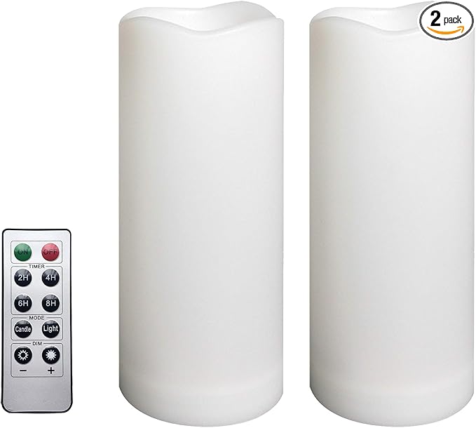2 Pack Outdoor Flameless Pillar Candles with Remote and Timer Waterproof Battery Operated Electric LED Candle Set for Gift Home Décor Party Wedding Supplies Garden Christmas Decoration, 3” x 7”