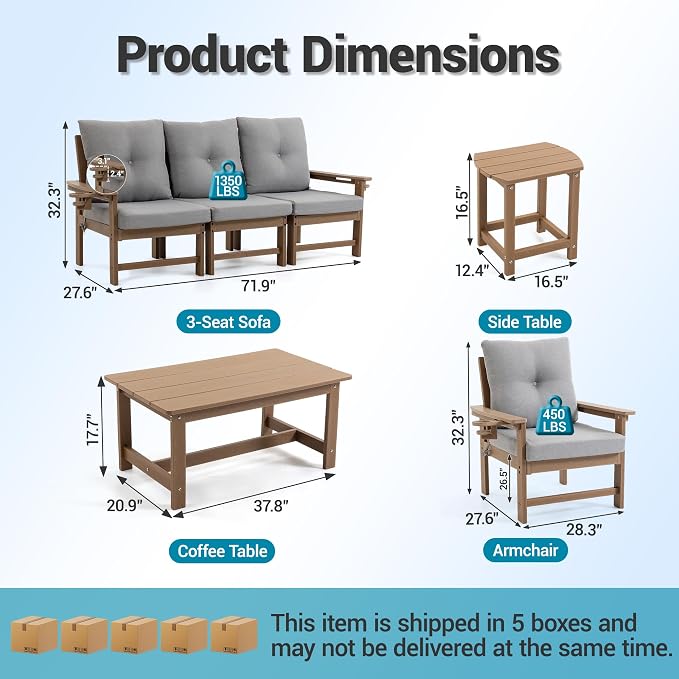 7-Piece HDPE Patio Conversation Set w/ 4 Cup Holders, All-Weather Outdoor Sectional Furniture, Thick Washable Cushions, Coffee Table & Side Table for Backyard Porch Poolside, Brown