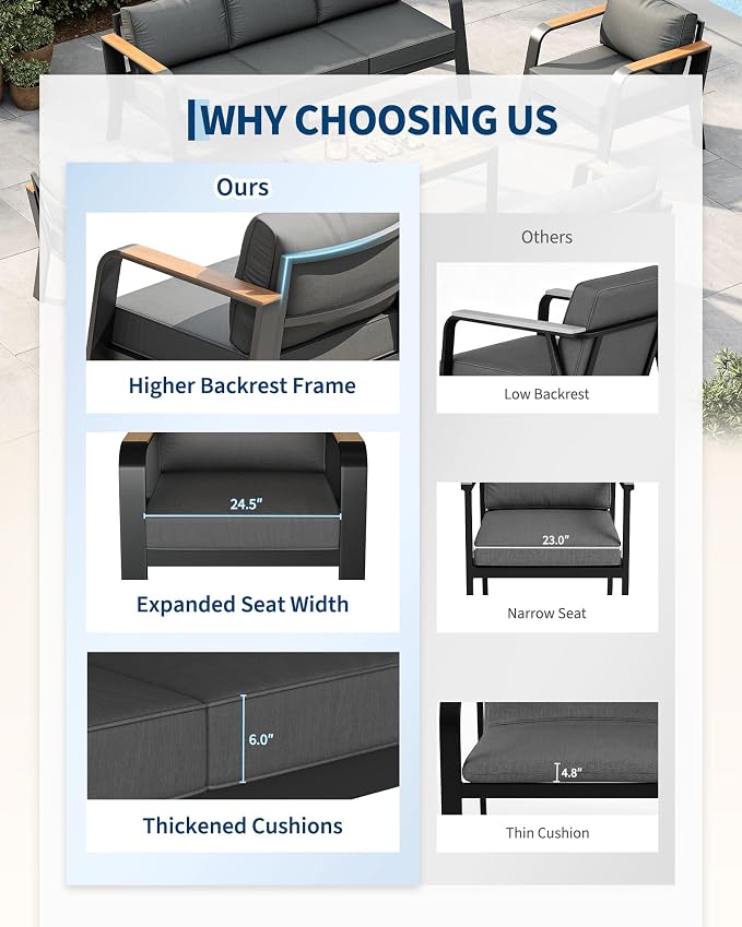 Garvee Aluminum Outdoor Patio Furniture Set with Coffee Table 4 Seats Patio Conversation Set Washable Thick Cushions All-Weather Metal Outdoor Furniture Sets for Poolside Balcony Deck, Gray