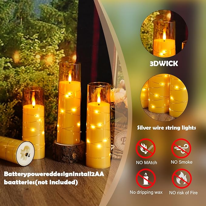 Sasigeiaa Flameless Candles with Embedded Star String - Battery Operated LED Candles, with Remote,12 Gold Flickering Candles for Christmas, Weddings, Home Decor & Party,(D 2.3"×H 5" 6" 7")