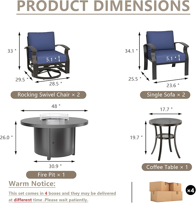 ALAULM Aluminum Patio Furniture Set with 40,000 BTU Round Propane Fire Pit Table 4-seat Metal Outdoor Furniture w/Swivel & Rocking Conversation Set for Patio, Lawn, Poolside（DarkBlue