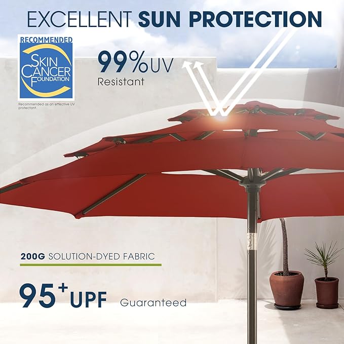 wikiwiki 10ft 3-Tier Patio Umbrella Outdoor Table Market Umbrella for Patio with Push Button Tilt/Crank, Fade Resistant Waterproof POLYESTER Canopy for Garden, Lawn, Deck, Backyard & Pool, Red