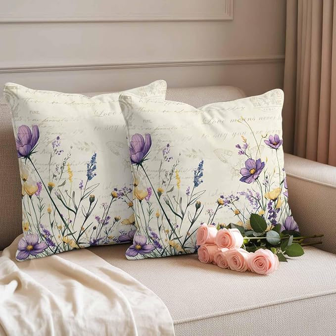 Spring Floral Outdoor Waterproof Throw Pillow Covers Set of 2, 26"x26", Purple Yellow Flower Leaves Retro Letter Texture Decorative Pillow Covers Outside Cushion Case for Patio Porch Garden