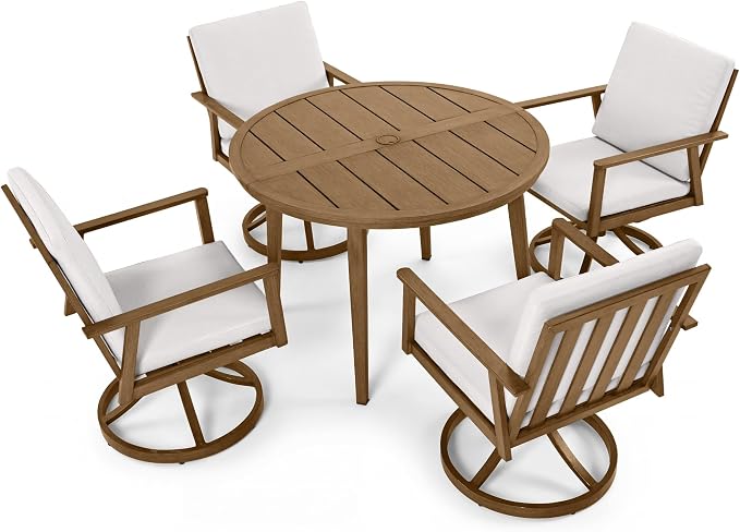 41" Round Outdoor Dining Table Set, 5-Piece Aluminum Round Outdoor Table with 4 Swivel Chairs, Faux Wood Grain Patio Table with Umbrella Hole for Garden, Backyard, Poolside, Teak