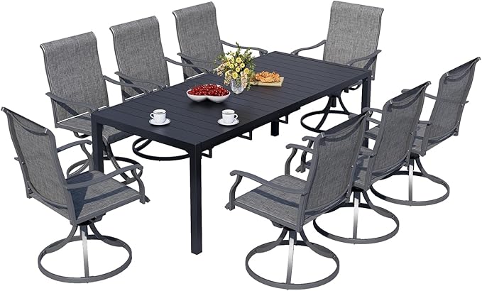 MEOOEM Outdoor Patio Dining Sets for 8, Outdoor Expandable Long Tables and Grey Swivel Chairs Set of 8, All Weather Heavy Duty 9-Piece Outdoor Patio Table and Chairs for Garden, Backyard