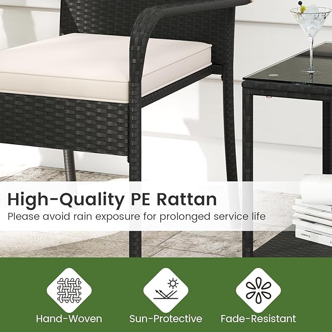Tangkula 3 Pieces Patio Furniture Set, PE Rattan Outdoor Cushioned Conversation Chairs with 2-Tier Tempered Glass Tabletop Table, for Balcony, Garden and Poolside (Off White)