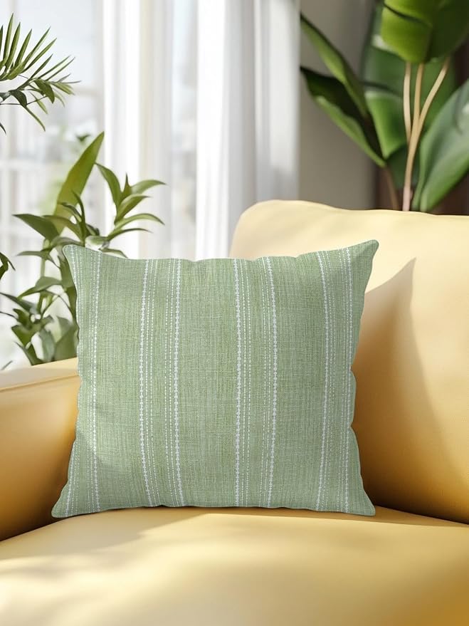 Vandarllin Waterproof Outdoor Pillow 1 Pack Olive Green Linen Stripes Decorative Throw Pillows Cover & Insert 16x16 Inch Pillowcase Parallel Vertical Lines Pillows for Couch Sofa Bed Patio Furniture