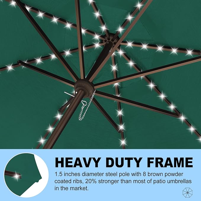 Eurmax USA 10-Year-Non-Fading 10FT 3-Tier Outdoor Patio Market Umbrella with LED Lights,UPF50+ UV Resistant,Commercial Grade,Crank Lift Design,Windproof Vented Top for Garden,Pool,Deck,Forest Green