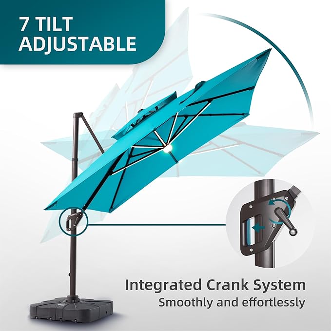 9 X 12 FT Cantilever Patio Umbrella with Led Lights and Base Included Heavy Duty Outdoor Double Top Large Rectangle Offset Umbrellas with 360-degree Rotation for Garden Pool Deck Backyard, Turquoise