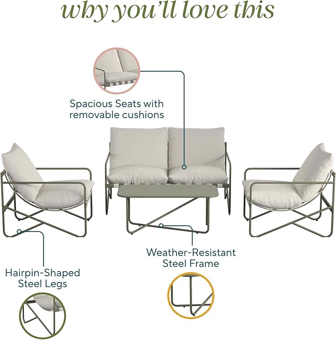 Novogratz Wrenn 4-Piece Sling and Cushion Conversation Set by The, Spanish Green