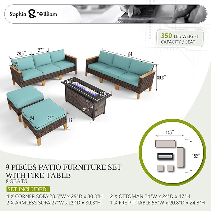 Sophia & William Patio Furniture Set with Fire Pit Table, 9 Piece Outdoor Wicker Furniture Sectional Sofa, Large Patio Rattan Conversation Set with Ottoman & 56" Fire Pit Table(Aqua Blue)